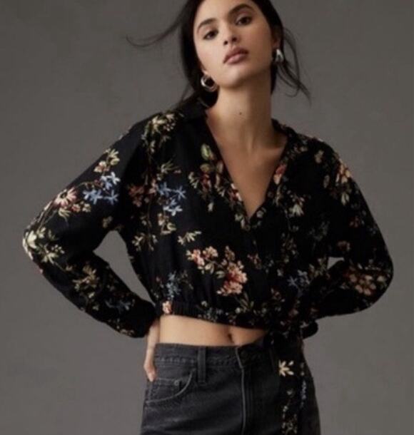 Pilcro Tops - Anthropologie Pilcro Top Size L Black Floral Cropped Waist-tie Linen Blend Fall